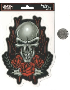 Skull Roses & Flames Peel & Stick Vinyl Sticker 4 7/8" x 6 3/8" - Picture 1 of 1