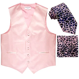 New Men's Formal Vest Tuxedo Waistcoat & pink leopard Necktie & Hankie set prom - Picture 1 of 4