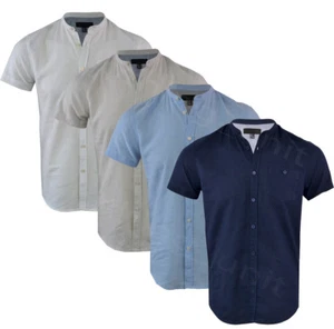 Mens Linen Short Sleeved Shirt Casual Summer Grandad Collar S-XXL - Picture 1 of 6