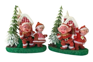 Vintage 50er Set 2 beflockt Mrs Claus & Pixie Elfe Weihnachten Kunststoff Deko *LESEN* - Bild 1 von 22