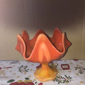 LE Smith Bittersweet Orange Slag Glass Pedestal Ruffled Compote Bowl Candy Dish - Picture 1 of 3