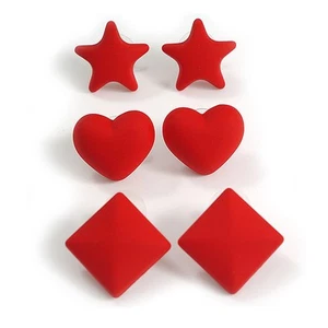 Star/Heart/Diamond Shaped Red Matte Acrylic Stud Earrings - Set Of 3 Pairs - Picture 1 of 6