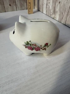 Vintage 1980er 4" Blumen Sparschwein weiß mit Rosen & Stecker KOSTENLOSER VERSAND - Bild 1 von 10