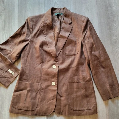 Blazer Ralph Lauren Mujer Marrón Lino Talla 10 Oficina Carrera Clásico Foto 1 de 4