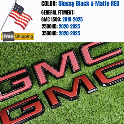 Fit for 2019-2025 GMC Sierra 1500 2500HD 3500HD Front & Rear Emblem Black & RED - Image 1 of 4
