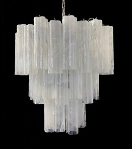 RESERVED: Large three-Tier Murano Glass Tube Chandelier - white albaster - Foto 1 di 17