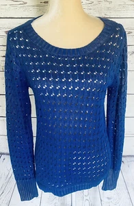 Women’s Large Juniors Sweater Say What Blue Open Knit Long Sleeves Lightweight - Picture 1 of 11
