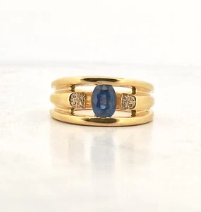 Bague en or jaune 18 carats saphir ovale et diamants T55 ajustable - Picture 1 of 14