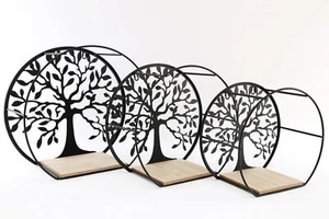 Tree Of Life Storage Shelves Round Wall Mounted Display Metal Wood Shelf Decor - Picture 1 of 6