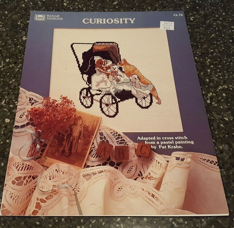 Curiosity by Banar Designs Cat Baby Buggy Teddy Bear Counted Cross Stitch CL 75 - Image 1 of 1
