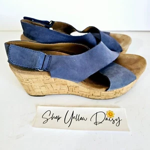 Clarks Womens Caslynn Blue Nubuck Leather Cork Wedge Sandals Sz 8 - Sh439.2 - Picture 1 of 9