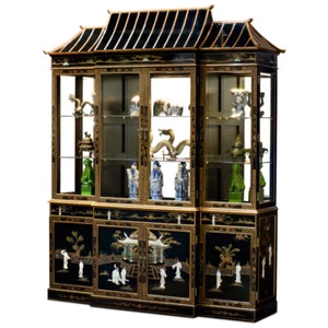 US Seller - Black Lacquer Mother of Pearl Pagoda Oriental China Cabinet - Picture 1 of 4