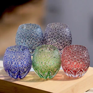 Round 1 Set 5Colors Whiskey Glasses Japanese Edo Kiriko Hand Cut To Crystal 11oz - Picture 1 of 10
