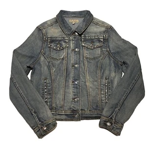 Earl Jean Denim Jacket Womens Large Rhinestone Jean Stretch Button Up - Picture 1 of 6