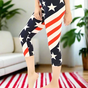 NEW OS Women 4th of July American Flag Capri Leggings Butter Soft Yoga Pants - Picture 1 of 6