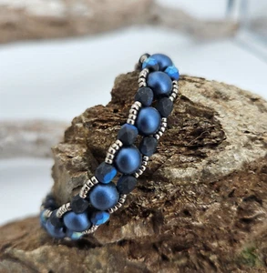 Armband Damen Schmuck Blau Matt Silber Glänzend 22cm Lang Magnet Unikat Handmade - Bild 1 von 6