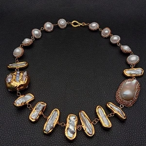 Freshwater White Keshi Biwa Pearl 24 K Yellow Gold Plated Necklace 20" - Picture 1 of 8