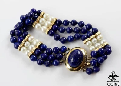 14k Yellow Gold White Pearl Lapis Lazuli Cabochon Beaded Triple Layered Bracelet - Image 1 of 4