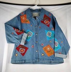 Vntg 90s Tantrums Denim Jacket Embroidered Multicolor Floral  Patchwork Large  - Picture 1 of 13