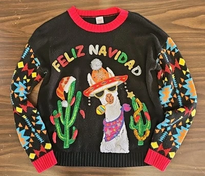 Suéter de Natal feio festa de fim de ano Feliz Navidad Lhama BRILHANTE berloques brilhantes P - Imagem 1 de 4