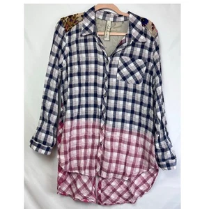 Aratta Silent Journey Women's Size Large Blue/Pink Button Front Plaid Blouse - Picture 1 of 10