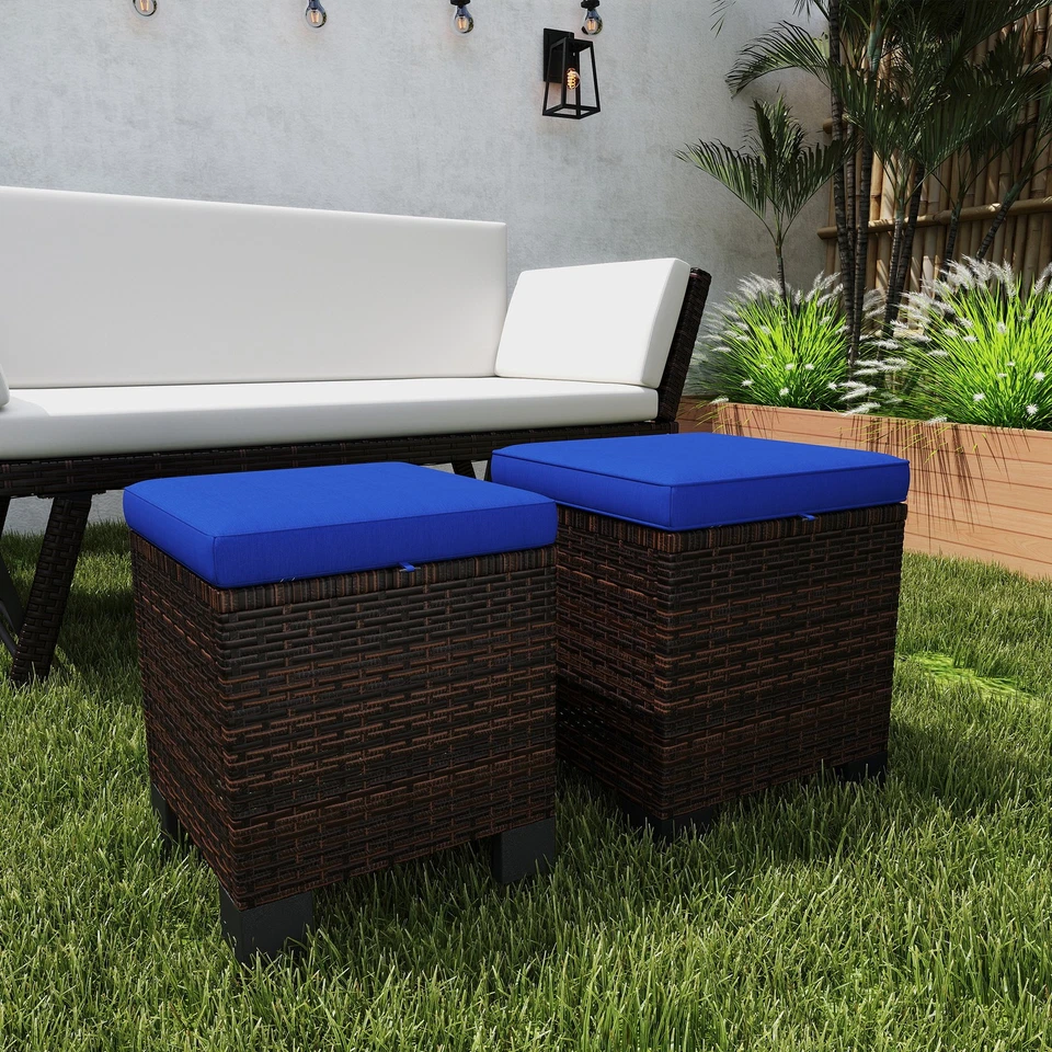Outsunny Wicker Outdoor Ottoman Footstool Set of 2 with Cushions - Image 1 of 1