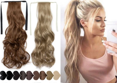 100% Real New Clip In Remy Human Hair Extension Drawstring Ponytail 15-24" Wavy - Image 1 of 4