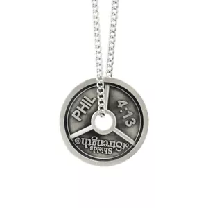 Women's Antique Finish 3-Bar Weight Plate Necklace-Phil 4:13 Shields of Strength - Picture 1 of 8