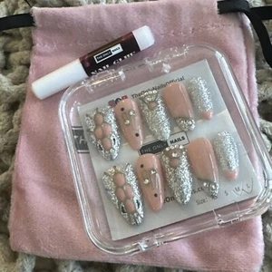 Handmade Acrylic & Gel Reusable Nails - Silver Glitter & Pink - Picture 1 of 7