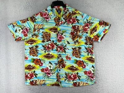 George Shirt Mens 2XL XXL Blue Yellow Floral Hula Girl Guitar Print Hawaiian - Image 1 of 4