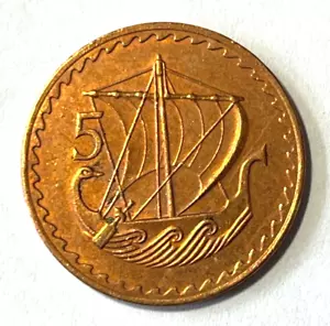 Moneda de 5 millas de Chipre 1978 antigua galera mercante velero barco paloma pájaro - Imagen 1 de 2