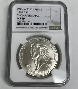 MS69 1993-P Jefferson Commem. Silver Dollar Coin & Currency NGC Brown Lbl - Picture 1 of 6