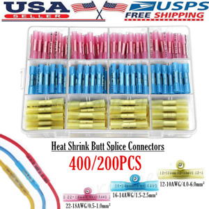 400/200PCS Heat Shrink Butt Wire Splice Connectors Crimp Terminals Kit 22-10AWG