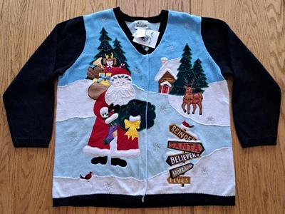 Quacker Factory Sweater Womens 1X Christmas Santa Reindeer Cardigan Holiday - Image 1 of 4