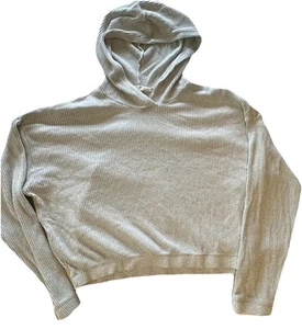 H&M Womens Light Greenish Gray Ribbed Long Sleeve Hoodie Shirt EU 170 US 20 - Picture 1 of 4