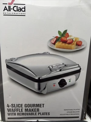 All Clad Stainless Steel 4-Slice Gourmet Waffle Maker WD822D51 Minor Scratches - Image 1 of 4