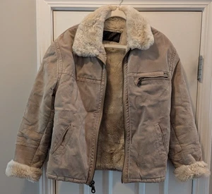 Guess Leather Buckskin Acrylic Fur Lining Zipper Pocket Medium Women's Jacket - Picture 1 of 9