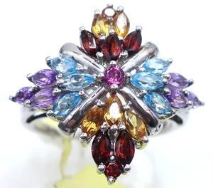 New w Tag Eye Catching Sterling Silver Size 8.25 Multi Gemstone Cluster Ring Box - Picture 1 of 10
