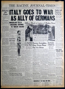 1940 Newspaper Front Page - Italy Goes To War as Ally of Nazi Germany - Picture 1 of 2
