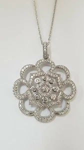 Große CZ Blume Halskette rund gewelltes Design Sterlingsilber 18" Kette  - Bild 1 von 9