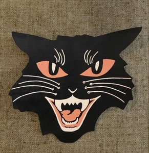 U Choose Vintage Inspired Cat Yellow Eyes Fangs Halloween Cardstock Decoration - Picture 1 of 5