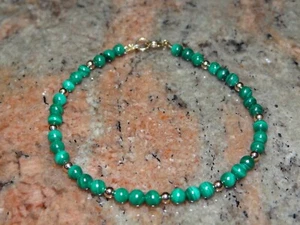 14k Yellow Gold 4mm Malachite Gemstone Bracelet 7.5" - Picture 1 of 1