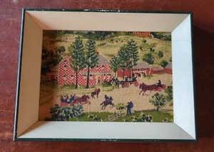 Grandma Moses Bark Cloth Mini Framed Picture THE CHECKERBOARD HOUSE - Picture 1 of 2