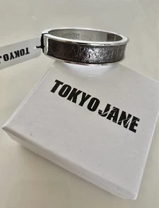 Tokyo Jane Silver Plated Dark Silver Leather Inset Hinge Bangle NewWT in Box - Picture 1 of 6