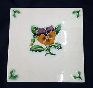 Vintage Embossed Ivory & Multi Colored Pansy Design Glazed Ceramic Tile 6" x 6" - Picture 1 of 7