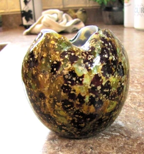 Antiguo Rose Bowl Bohemio Checo Moser Óptico Oro Mica Manchas Arte Vidrio - Imagen 1 de 5