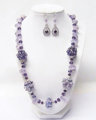 Purple Amethyst Rhinestone Ball w/Dye Quartzite Bead Necklace/Earrings - Image 1 of 4