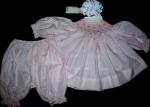 Girl 9 M: XLENT PINK SMOCKED ~ROYAL CHILD~ 2-Pc DRESS & BLOOMERS SET + Headband - Picture 1 of 4