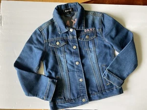 DKNY Girls Jean Jacket Long Sleeve Snap Denim Blue Pink Logo Girls Size 6 Youth - Picture 1 of 7