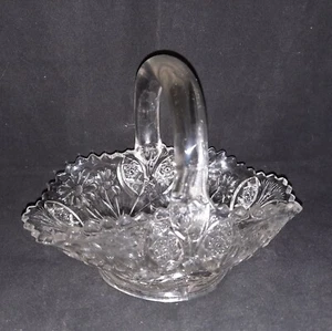 Vintage Pressed Glass Short Flowers Basket Applied Handle Sawtooth Edge Pattern - Picture 1 of 6
